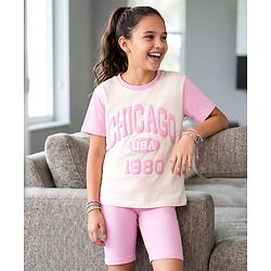 Pine Kids Cotton Knit Half Sleeves Top & Shorts Set with Chicago Print - Pink