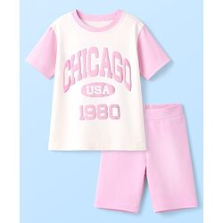 Pine Kids Cotton Knit Half Sleeves Top & Shorts Set with Chicago Print - Pink