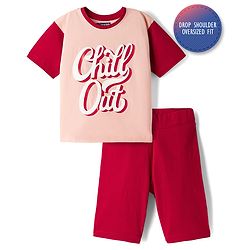 Pine Kids Cotton Knit Drop Shoulder Half Sleeves Top & Shorts Set with Chill Out Print - Red