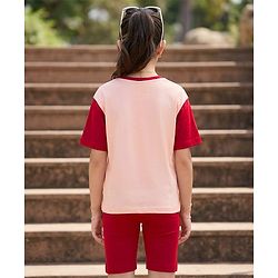 Pine Kids Cotton Knit Drop Shoulder Half Sleeves Top & Shorts Set with Chill Out Print - Red