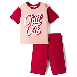 Pine Kids Cotton Knit Drop Shoulder Half Sleeves Top & Shorts Set with Chill Out Print - Red