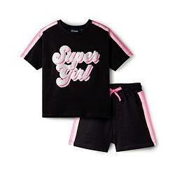 Pine Kids Cotton Knit Half Sleeves Top & Shorts Set With Super Girl Print - Black