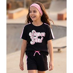 Pine Kids Cotton Knit Half Sleeves Top & Shorts Set With Super Girl Print - Black