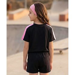Pine Kids Cotton Knit Half Sleeves Top & Shorts Set With Super Girl Print - Black
