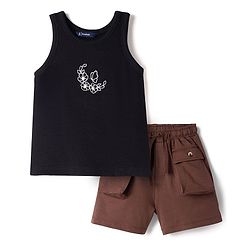 Pine Kids Cotton Knit Sleeveless Tank Top & Shorts Set with Flora Embroidery - Black