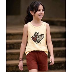 Pine Kids Cotton Knit Sleeveless Top & Shorts Set With Heart Print - Off White