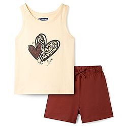 Pine Kids Cotton Knit Sleeveless Top & Shorts Set With Heart Print - Off White