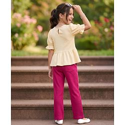 Pine Kids Cotton Knit Puffed Sleeves Peplum Top & Pant Set - Beige & Dark Pink