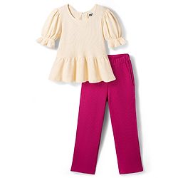 Pine Kids Cotton Knit Puffed Sleeves Peplum Top & Pant Set - Beige & Dark Pink