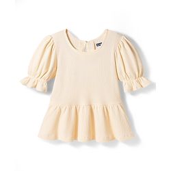 Pine Kids Cotton Knit Puffed Sleeves Peplum Top & Pant Set - Beige & Dark Pink