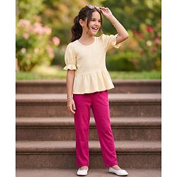 Pine Kids Cotton Knit Puffed Sleeves Peplum Top & Pant Set - Beige & Dark Pink