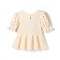 Pine Kids Cotton Knit Puffed Sleeves Peplum Top & Pant Set - Beige & Dark Pink