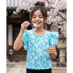 Pine Kids 100% Cotton Knit Half Sleeves Floral Printed Top - Light Blue