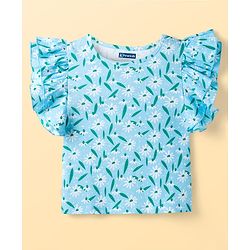 Pine Kids 100% Cotton Knit Half Sleeves Floral Printed Top - Light Blue