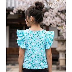 Pine Kids 100% Cotton Knit Half Sleeves Floral Printed Top - Light Blue