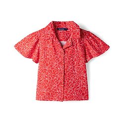 Pine Kids 100% Cotton Knit Half Flutter Sleeves Floral Printed Top - Red