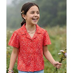 Pine Kids 100% Cotton Knit Half Flutter Sleeves Floral Printed Top - Red