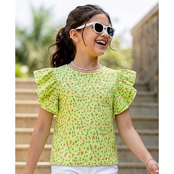 Pine Kids 100% Cotton Knit Half Frill Sleeves Floral Printed Top - Lime Green