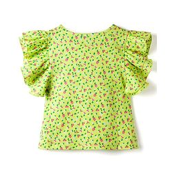 Pine Kids 100% Cotton Knit Half Frill Sleeves Floral Printed Top - Lime Green