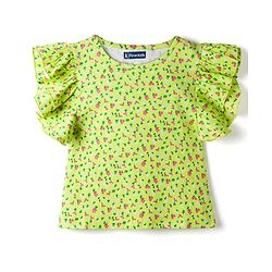 Pine Kids 100% Cotton Knit Half Frill Sleeves Floral Printed Top - Lime Green
