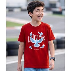 Pine Kids Cotton Knit T-Shirt Graphic Print Round Neck Half Sleeves Red 5-6 Years