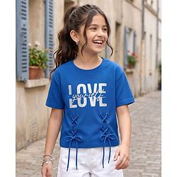 Pine Kids Cotton Knit Half Sleeves T-Shirt With Love Yourself Print - Royal Blue
