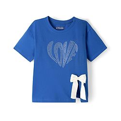 Pine Kids Cotton Knit Half Sleeves T-Shirt With Rhinestone Detailing & Bow Applique - Royal Blue