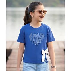 Pine Kids Cotton Knit Half Sleeves T-Shirt With Rhinestone Detailing & Bow Applique - Royal Blue