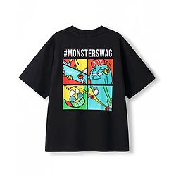 Pine Kids Cotton Knit Half Sleeves Oversized T-Shirt With Front & Back Monster Print - Black