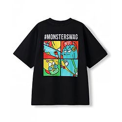 Pine Kids Cotton Knit Half Sleeves Oversized T-Shirt With Front & Back Monster Print - Black