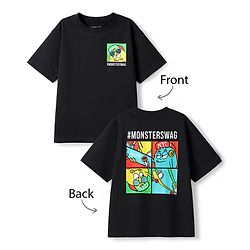 Pine Kids Cotton Knit Half Sleeves Oversized T-Shirt With Front & Back Monster Print - Black