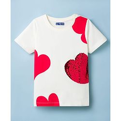 Pine Kids Cotton Knit Half Sleeves T-Shirt With Heart Print & Reversible Sequins - White