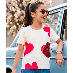 Pine Kids Cotton Knit Half Sleeves T-Shirt With Heart Print & Reversible Sequins - White