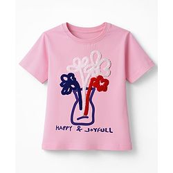 Pine Kids Cotton Knit T-Shirts with Floral Applique Pink 4-5 Years