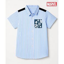 Pine Kids Marvel 100% Cotton Poplin Woven Striped Shirt with Half Sleeves and Avengers Superheroes Print in Light Blue