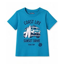 Pine Kids Cotton Knit Half Sleeves Beach Theme Printed & Checked T-Shirt & Shorts Night Suit - Blue