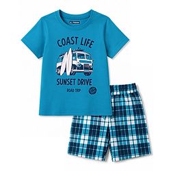 Pine Kids Cotton Knit Half Sleeves Beach Theme Printed & Checked T-Shirt & Shorts Night Suit - Blue