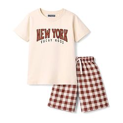 Pine Kids 100% Cotton Knit Half Sleeves Text Printed T-Shirt & Shorts Night Suit With Checks - Cream