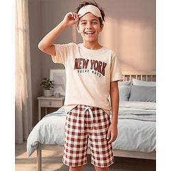 Pine Kids 100% Cotton Knit Half Sleeves Text Printed T-Shirt & Shorts Night Suit With Checks - Cream