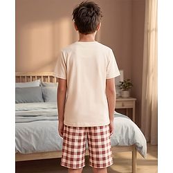 Pine Kids 100% Cotton Knit Half Sleeves Text Printed T-Shirt & Shorts Night Suit With Checks - Cream