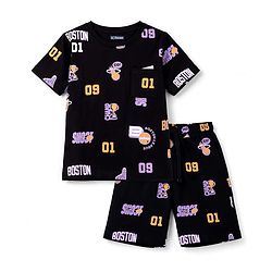 Pine Kids 100% Cotton Knit Half Sleeves Sports Theme printed Co-Ords T-Shirt & Shorts Night Suit - Black