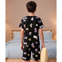 Pine Kids 100% Cotton Knit Half Sleeves Sports Theme printed Co-Ords T-Shirt & Shorts Night Suit - Black