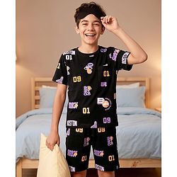 Pine Kids 100% Cotton Knit Half Sleeves Sports Theme printed Co-Ords T-Shirt & Shorts Night Suit - Black