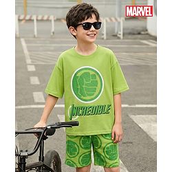Pine Kids Marvel Single Jersey Knit Half Sleeves T-Shirt & Shorts Set With Avengers Graphics - Green