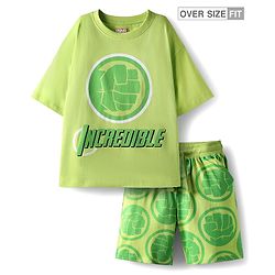 Pine Kids Marvel Single Jersey Knit Half Sleeves T-Shirt & Shorts Set With Avengers Graphics - Green