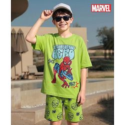 Pine Kids Marvel Single Jersey Knit Half Sleeves T-Shirt & Shorts Set with Spiderman Graphic - Green