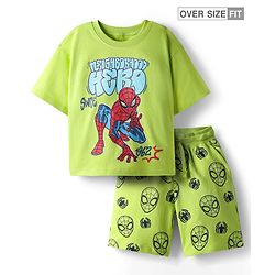 Pine Kids Marvel Single Jersey Knit Half Sleeves T-Shirt & Shorts Set with Spiderman Graphic - Green