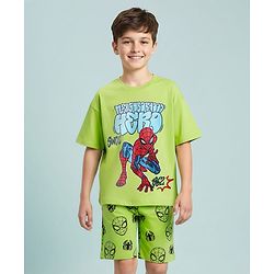 Pine Kids Marvel Single Jersey Knit Half Sleeves T-Shirt & Shorts Set with Spiderman Graphic - Green