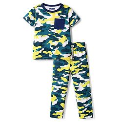 Pine Kids Cotton Knit Half Sleeves T-Shirt & Pyjama Co-ord Night Suit with Camouflage Print - White