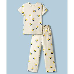 Pine Kids Cotton Knit Half Sleeves Co-Ord T-Shirt & Pyjama Night-Suit With Lemon Print - White